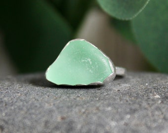 Mint Green Sea Glass Ring, Light Green Vintage Glass Ring, Bridesmaid Jewelry For Beach Wedding, Handmade Sterling Silver Beach Glass Ring