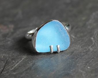 Bright Blue Caribbean Sea Glass Statement Ring, Birthday Gift For Woman Who Has Everything, Handmade Sterling Silver Beach Glass Jewelry