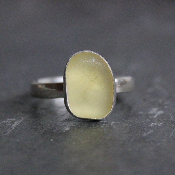 Rare Golden Yellow Sea Glass Ring, Martinique Caribbean Pale Yellow Stacking Ring, Unique Gift For Her, Sterling Silver Beach Glass Jewelry