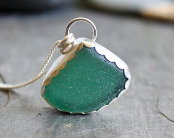 Large Teal Green Sea Glass Necklace, Gift For Hard To Buy For Woman Who Has Everything, Handmade Sterling Silver Beach Glass Jewelry