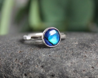 Royal Blue Paua Shell Nautical Stacking Ring, Beach Wedding Jewelry for Bridesmaid, Handmade Sterling Silver Cobalt Blue Abalone Ring