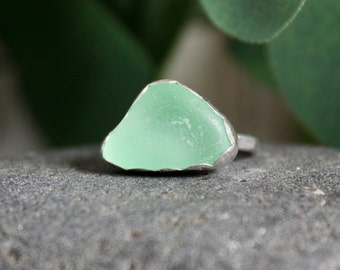 Mint Green Sea Glass Ring, Light Green Vintage Glass Ring, Bridesmaid Jewelry For Beach Wedding, Handmade Sterling Silver Beach Glass Ring