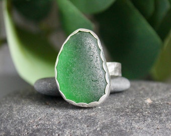 Chunky Green Sea Glass Statement Ring, Big Emerald Green Ring Gift For Hard To Buy For Friend, Handmade Sterling Silver Beach Glass Jewelry