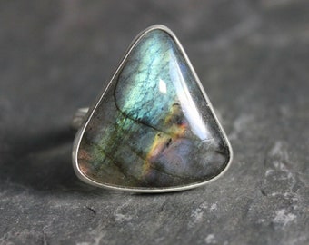 Huge Labradorite Statement Ring, Big Chunky Ring Gift For A Friend, Large Flashy Ring, Handmade Sterling Silver Triangular Labradorite Ring