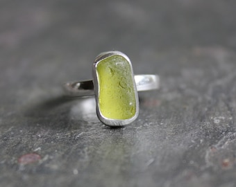 Small Olive Green Sea Glass Statement Ring, Vintage Green Sea Glass Ring Gift For Grandmother, Handmade Sterling Silver Beach Glass Jewelry