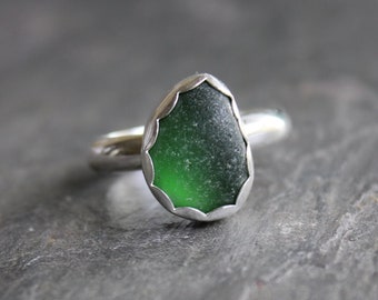 Chunky Dark Green Sea Glass Statement Ring, Forest Green Ring For A Friend Who Has Everything, Handmade Sterling Silver Beach Glass Jewelry