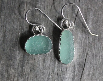 Teal Sea Glass Dangly Earrings, Quirky Beach Glass Drop Earrings For The Hard To Buy For Woman, Handmade Sterling Silver Sea Glass Jewelry