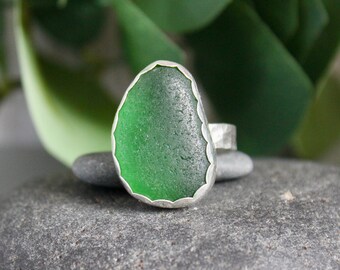 Chunky Green Sea Glass Statement Ring, Big Emerald Green Ring Gift For Hard To Buy For Friend, Handmade Sterling Silver Beach Glass Jewelry