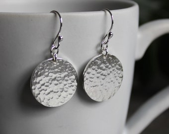 Hammered 3/4" Disc Earrings That Go With Everything, Earrings For Hard To Buy For Friend, Handmade Sterling Silver Round Dangly Earrings