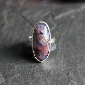 Oregon Plume Agate Statement Ring, Earthy Natural Red Plume Gemstone Ring, Unique Gift For Her, Handmade Sterling Silver Scenic Agate Ring