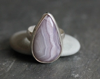 Lavender Purple Agua Nueva Agate Ring, Mexican Banded Agate Statement Ring, Unique Gift For Her, Handmade Sterling Silver Gemstone Jewelry