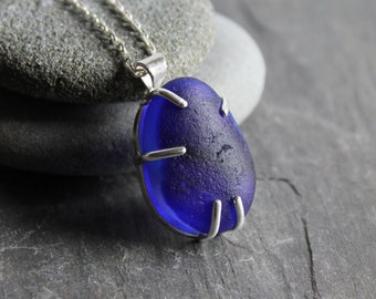 Funky Cobalt Blue Seaham Sea Glass Necklace, Beach Glass Pendant For Hard To Buy For Friend, Handmade Sterling Silver Sea Glass Jewelry