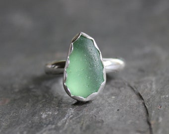 Dark Sage Green Sea Glass Ring, Gift for Hard to Buy For Friend, Green Ring For Beach Wedding, Handmade Sterling Silver Beach Glass Jewelry