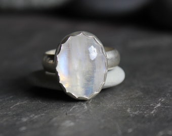 Huge Rainbow Moonstone Statement Ring, Big Flashy White June Birthstone Birthday Gift, Handmade Sterling Silver Gemstone Statement Ring