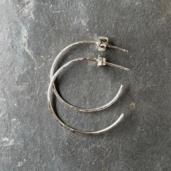 Medium Sterling Silver Hammered Hoop Earrings, Handmade 1 1/2" Classic Hoops on Posts, Simple Silver Hoop Earrings To Wear Everyday