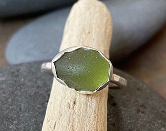 Chunky Olive Green Sea Glass Ring, Unique Birthday Gift For Friend, Jewelry for Beach Wedding, Handmade Sterling Silver Beach Glass Jewelry
