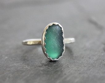 Emerald Green Sea Glass Ring For Woman Who Has Everything, Dark Green English Sea Glass Ring, Handmade Sterling Silver Beach Glass Jewelry