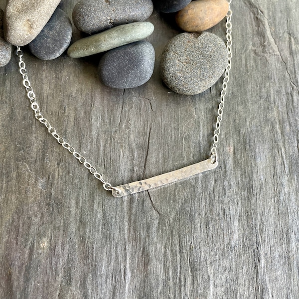 Hammered Bar Necklace, Minimalist Horizontal Bar Necklace, Classic Sterling Silver Necklace That Goes With Everything, Layering Necklace