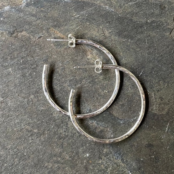 Small Sterling Silver Hammered Hoop Earrings - Handmade 1 1/4" Classic Hoops on Posts - To Wear Everyday - Earrings That Go With Everything