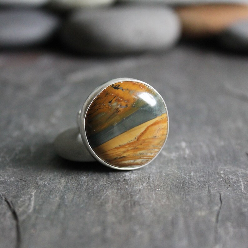 Handmade sterling silver Oregon Owyhee Picture jasper statement ring, made by Will Macy.  Size 8