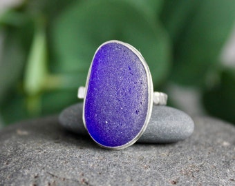 Cobalt Blue Sea Glass Statement Ring, For Woman Who Has Everything, Big Royal Blue Ring, Handmade Sterling Silver Beach Glass Jewelry