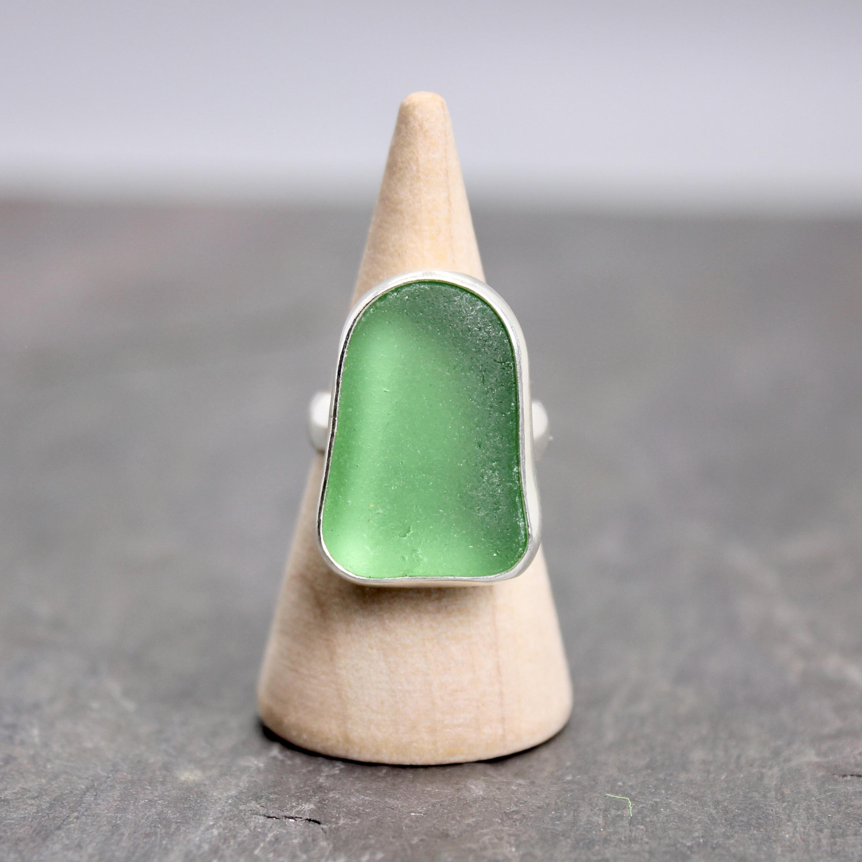 Sage Green Sea Glass Statement Ring, Unique Birthday Gift for Her, Jewelry for Beach Wedding, Handmade Sterling Silver Beach Glass Jewelry