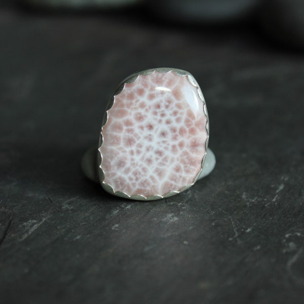 Oval Natrolite Statement Ring, Pink Larimar Ring, Chunky Gemstone Gift For A Rockhound, Handmade Sterling Silver PInk Statement Ring