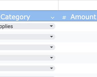 May include: A spreadsheet with a blue header row labeled "Date", "Item", "Category", "Amount Paid", "Company", "Receipt/Proof?", and "Notes". The first row of data shows a date of 3/2/2025, an item of "Printer", a category of "supplies", an amount paid of 156.43, a company of "Staples", a receipt/proof of "Receipt Wells Fargo", and notes of "Printer, ink, and printer paper".