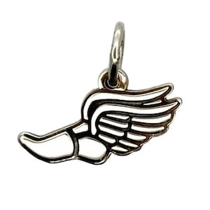 May include: Silver charm in the shape of a winged running shoe. The shoe is white and the wings are silver.