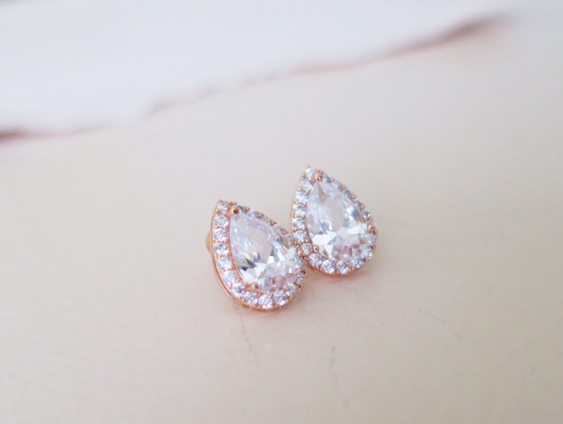 Bridal Earrings Rose Gold Studs Teardrop Wedding Earrings Cubic Zirconia /& Nickel Free