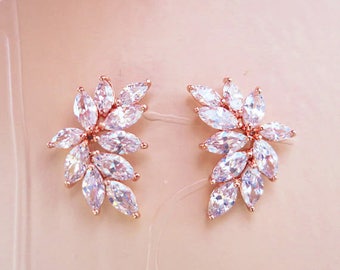Bridal Earrings Rose Gold Wedding Earrings Studs Marquise leaf shaped Art Deco style simple small elegant crystal studs for a bohemian bride