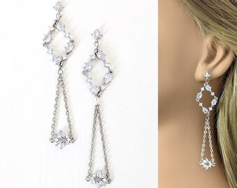 Long Crystal Earrings Hoops, Chandelier Earrings Wedding Jewelry Art Deco Bridal Earrings, Cubic ZIrconia Diamond Silver Dangle Leaf Drop 3"