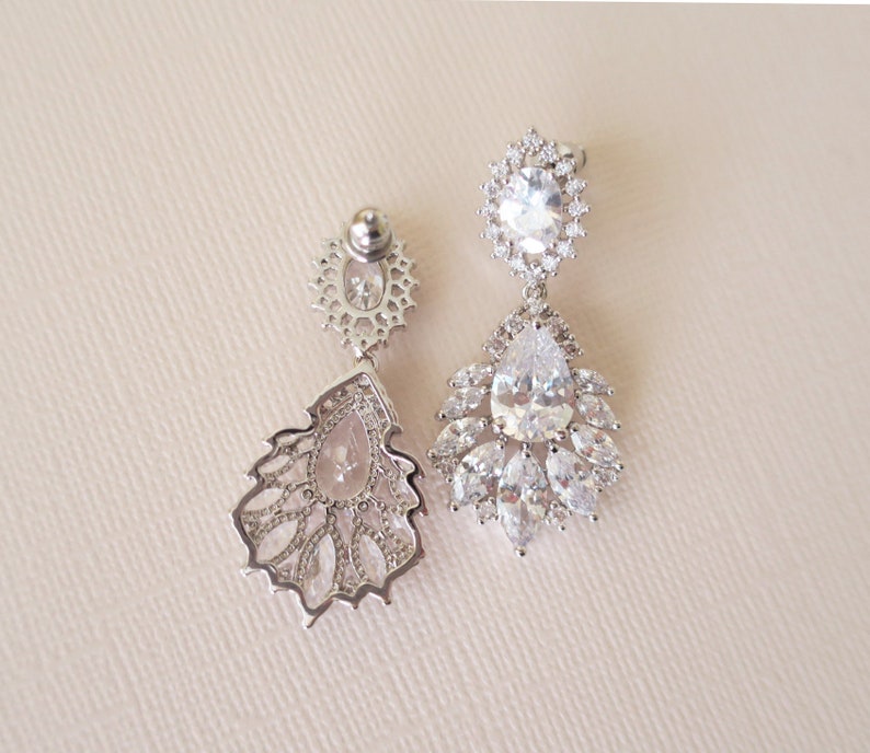 Wedding Earrings Drop Bridal Jewelry Crystal Bridal Earrings AAA Cubic Zirconia Fan shaped Marquise Chandelier Art Deco 1920s