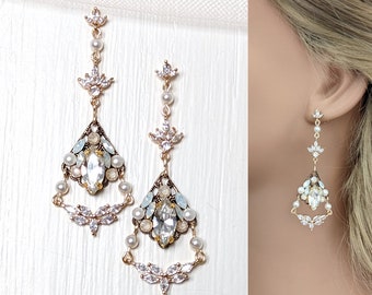 Bridal Earrings Boho, Wedding Earrings Gold, Chandelier Earrings Vintage, Bronze Crystal Statement Jewelry, Art Deco Bride Champagne Ivory