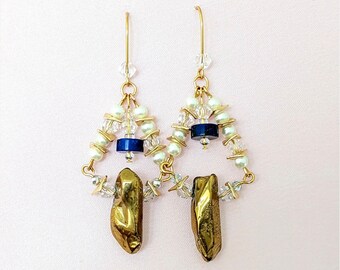 Gold Art Deco Earrings, Boho Bridal Earrings, Deco Stone Pearl Crystal Heishi Blue Lapis Gold Pyrite Nugget Hoops Rustic Earthy Earrings