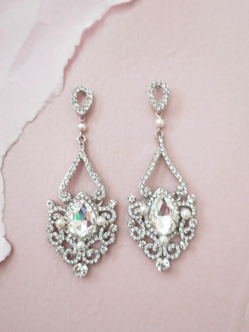 Bridal Earrings Chandelier Wedding Jewelry Art Deco Earrings Old Hollywood Great Gatsby style Rhinestone Victorian Earrings ADIE
