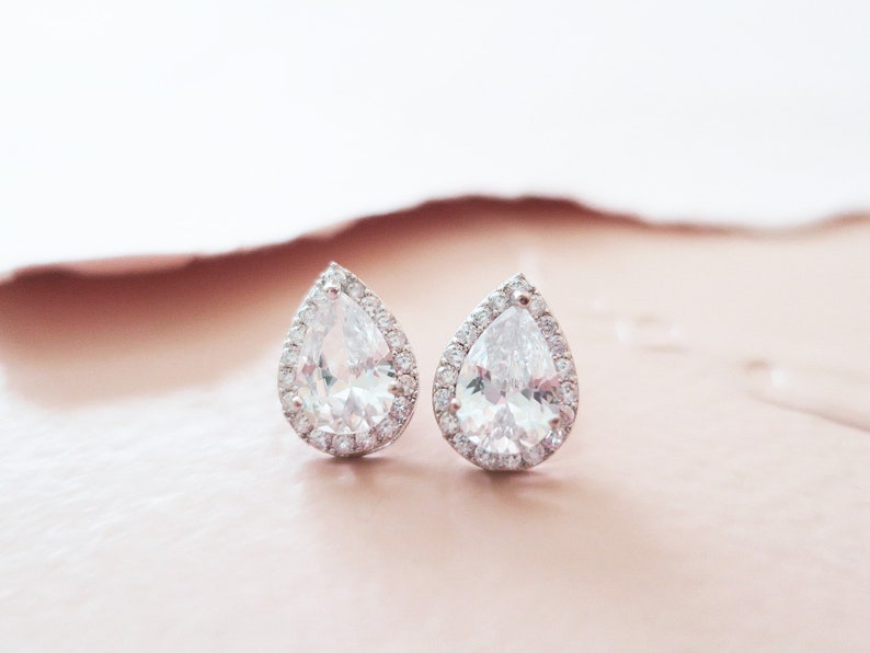 Bridal Earrings Rose Gold Studs Teardrop Wedding Earrings Cubic Zirconia /& Nickel Free