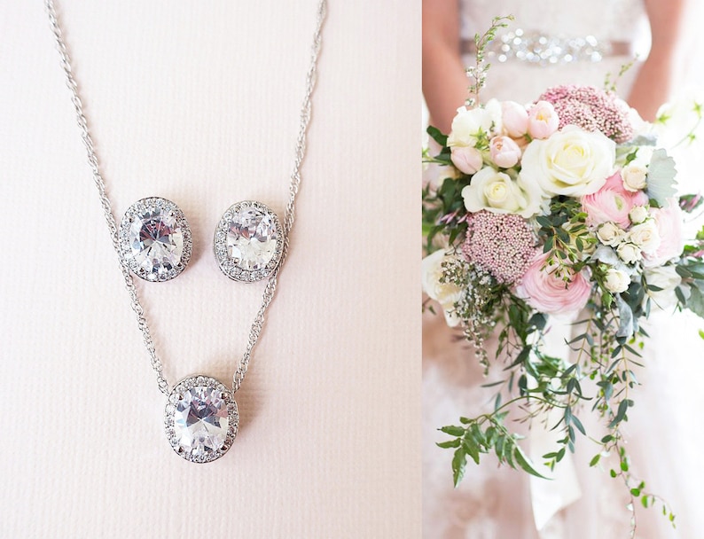 Wedding Jewelry for Brides Crystal Bridal Necklace and Earrings Set Classic Oval CZ Diamond Pendant and Studs