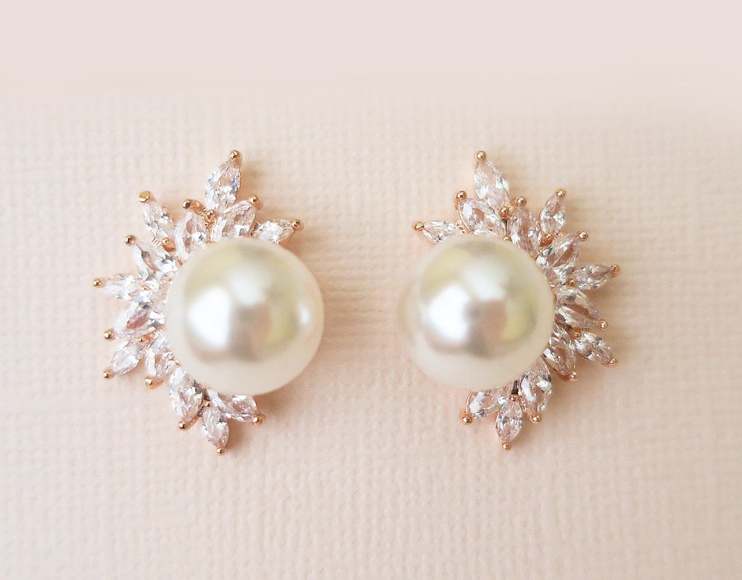 Rose Gold Bridal Earrings, Pearl and Diamond Wedding Earrings, Art Deco ...