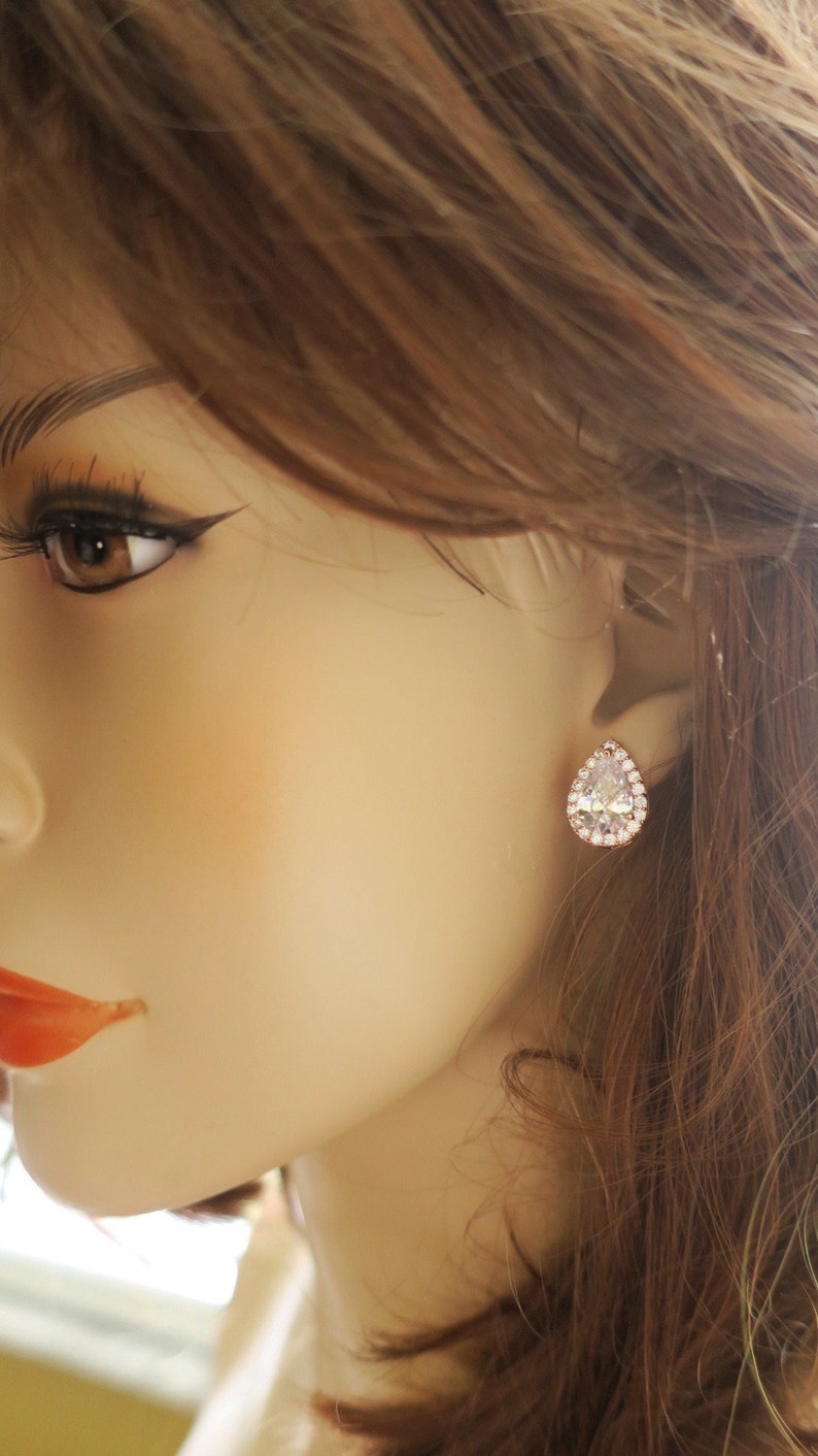 Bridal Earrings Rose Gold Studs Teardrop Wedding Earrings Cubic Zirconia /& Nickel Free