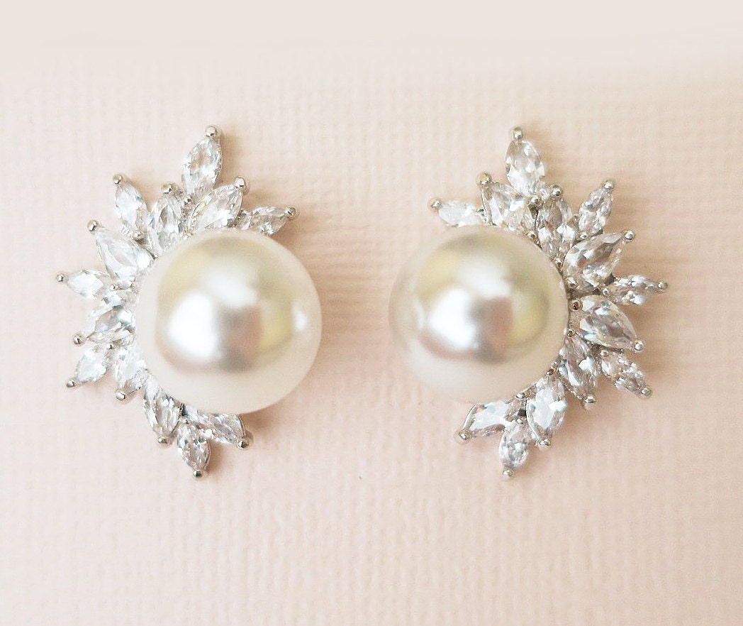 Simulated Diamond Bridal Earrings Pearl Earrings Wedding Etsy