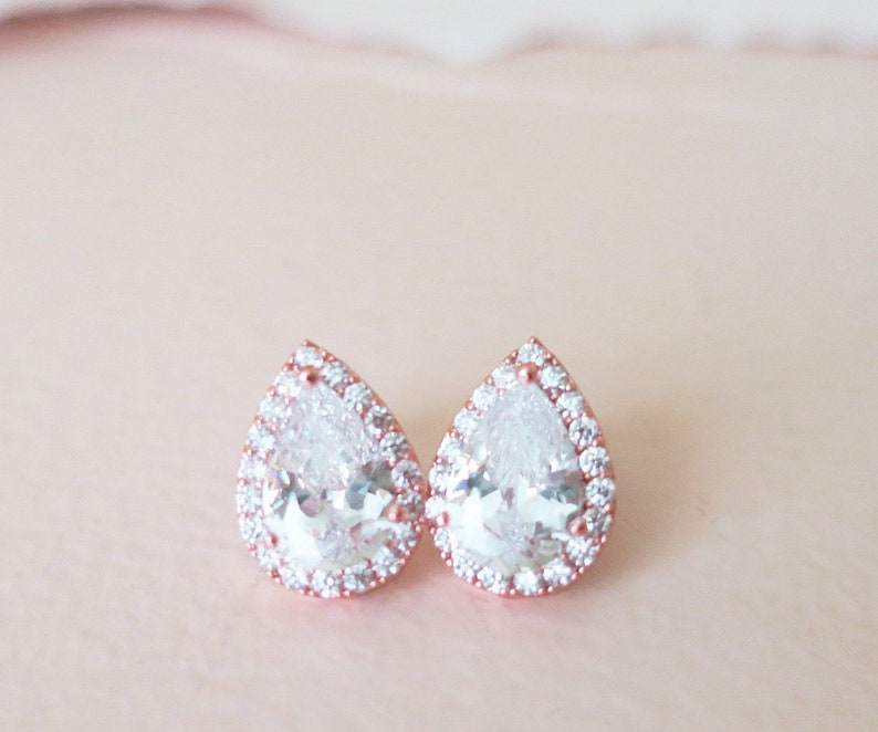 Bridal Earrings Rose Gold Studs Teardrop Wedding Earrings Cubic Zirconia /& Nickel Free