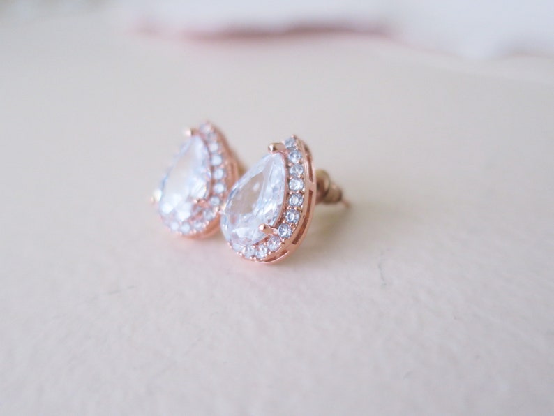 Bridal Earrings Rose Gold Studs Teardrop Wedding Earrings Cubic Zirconia /& Nickel Free