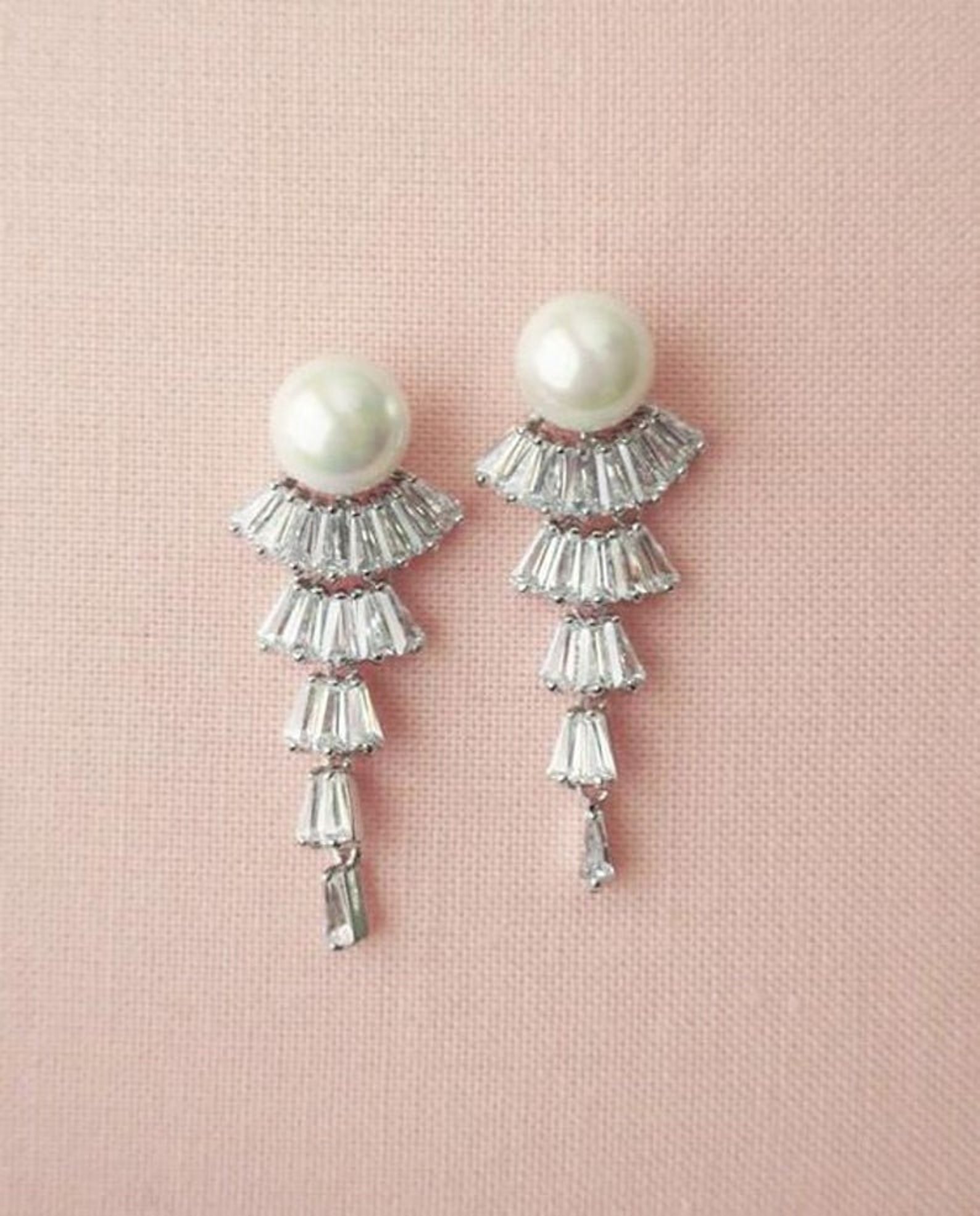 Art Deco Stud Bridal Earrings Pearl and Diamond Wedding Etsy