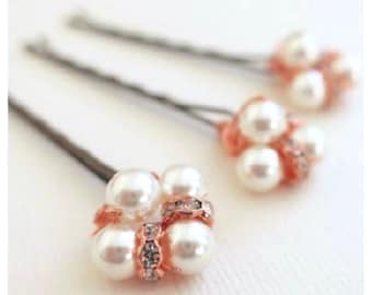 Pearl Hair Pins, Pearl Hair Clip, Wedding Hair Clip, Bridal Bobby Pins, Rose Gold Hair Jewelry, Crystal, Set of 3