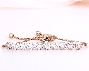 Floral Bridal Bracelet, CZ Tennis Bracelet Rose Gold Wedding Jewelry, Crystal Flower Bracelet, Adjustable