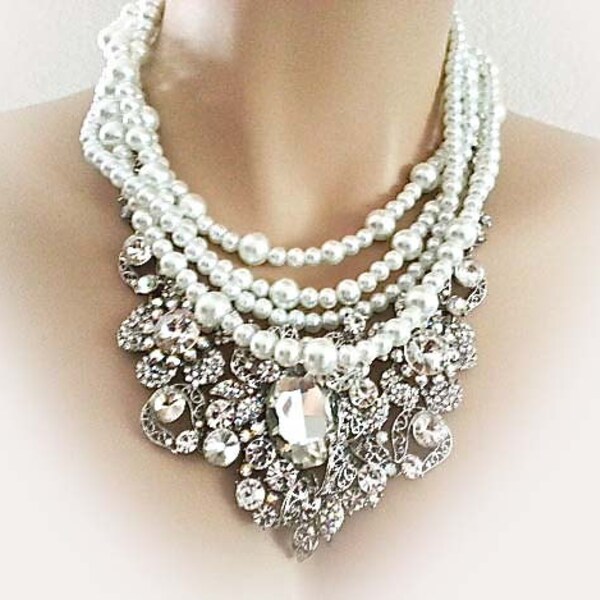 Bruids verklaring de huwelijksjuwelen van de ketting van de bruiloft van ketting instellen bruids ketting oorbellen parel Rhinestone verklaring Bib wit kristal Sukran