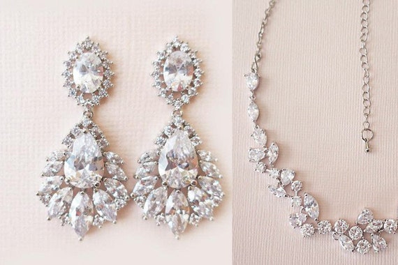 Wedding Earrings Drop Bridal Jewelry Crystal Bridal Earrings AAA Cubic Zirconia Fan shaped Marquise Chandelier Art Deco 1920s