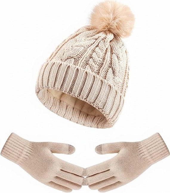 Winter Beanie and Gloves Set for Women, Fleece Lined Hat Knit Touchscreen Gloves