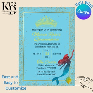 EDITABLE, Ariel theme Birthday invitation, Digital Download, Princess Invitation, Canva Template, The Little Mermaid